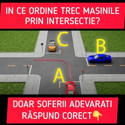 Testul rutier greu. Doar adevărații șoferi răspund corect. În ce ordine vor putea trece mașinile prin intersecție