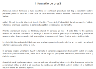 Ministerul Apărării Naționale evaluează proiectul noii legi salariale, care propune un salariu inferiior pentru șeful Armatei față de cel al unui deputat.